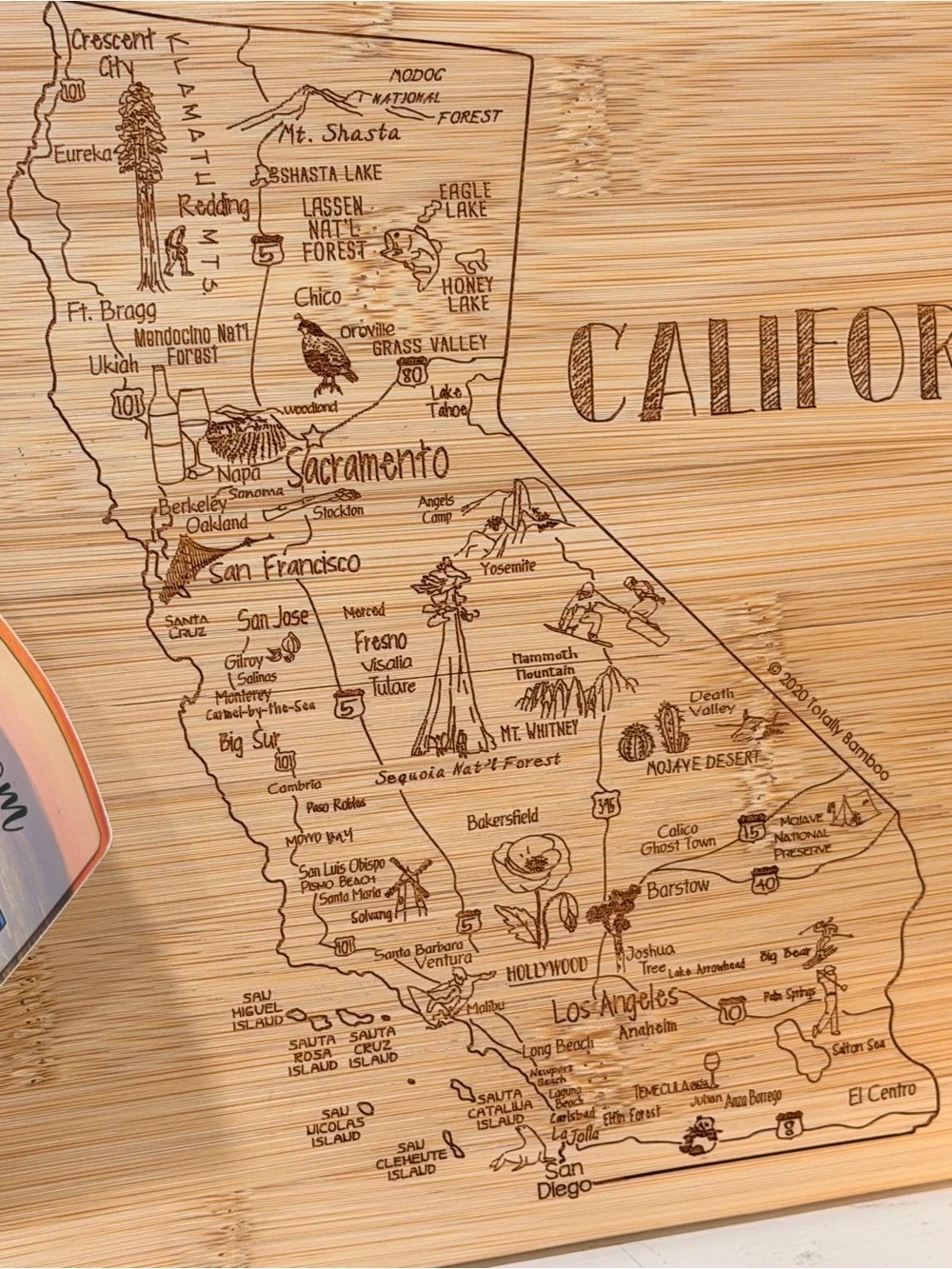 California Bamboo Cutting Board Engraved Map NWT Gift